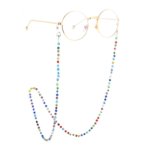 Handmade colorful glass bead eyeglass chain with gold metal frames and evil eye design