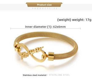 Detail view of golden mesh stainless steel bracelet with forever infinity charm