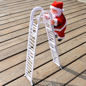 Detail of climbing Santa Claus toy on white electric ladder with gears for holiday fun