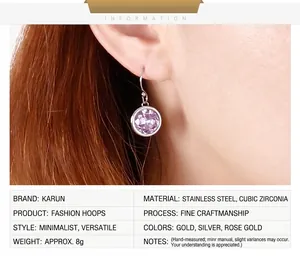 Detailed close-up of circular zircon drop earring with stainless steel hook and size specs