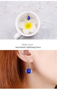 Detail of model wearing drop earrings with blue round zircon and silver hooks