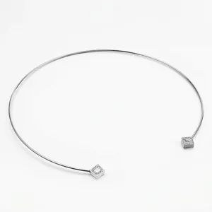 Minimalist Stainless Steel Open Torque Choker Necklace With Square Cubic Zirconia Geometric Accent Jewelry For Women Elegant Modern