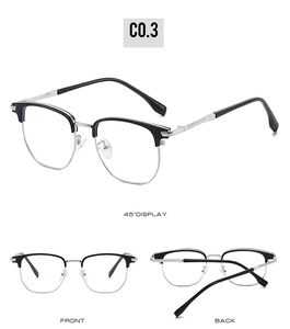 Three-angle detail of blue light blocking glasses with black browline and silver metal frame