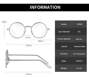 Detailed size chart for retro round metal frame sunglasses with UV protection dimensions