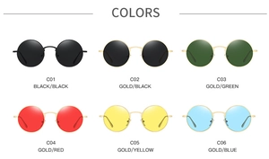 Six colors of retro round metal sunglasses featuring tinted lenses and slim frames