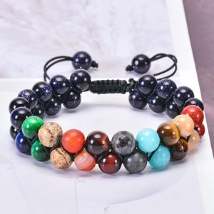 Double-layer natural stone solar system bracelet with blue goldstone and woven cord