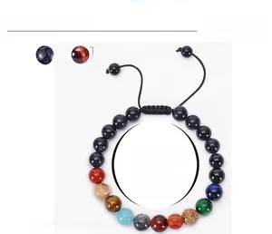 Detail of 8mm natural stone beads on a double-layer adjustable woven solar system bracelet