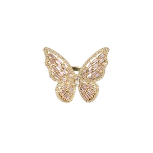 Luxurious butterfly open ring with pink and white cubic zirconia in gold plating