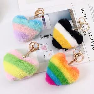Colorful plush heart-shaped keychains with faux rabbit fur and gold metal lobster clasps