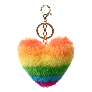 Rainbow faux fur heart-shaped keychain with gold metal spring ring and swivel clasp