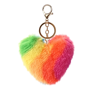Rainbow heart-shaped faux fur keychain with golden ring and lobster clasp on white background