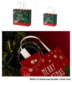 Detail of white 12-strand twisted rope handles and silver metal rivets on paper gift bag