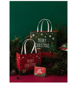 Christmas gift bag set with rivet handles and greeting cards in festive red and green