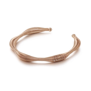 Elegant rose gold titanium steel spiral bangle with wave design and spherical bead tips