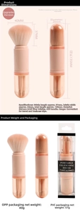 Detail view of 4-in-1 retractable makeup brush set showing dimensions and BASF fiber bristles