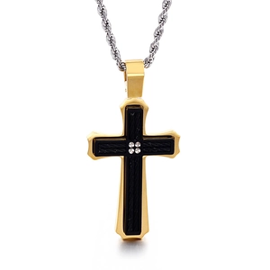 Collier avec pendentif croix homme en or et noir avec chaîne torsadée et petits cristaux