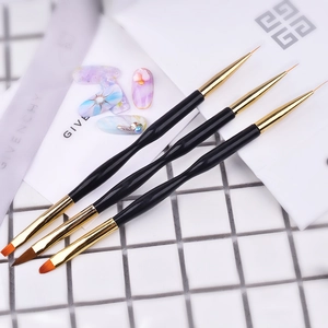 3-piece double-ended nail art brush set for painting and liner designs with black handles