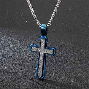 Blue and grey cross pendant necklace in titanium steel for men with square link chain