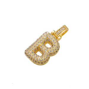 Close-up of golden letter B pendant with sparkling faux diamonds on white background