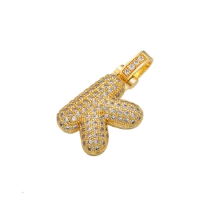 Macro shot of gold bubble letter R pendant with paved rhinestones and shiny finish
