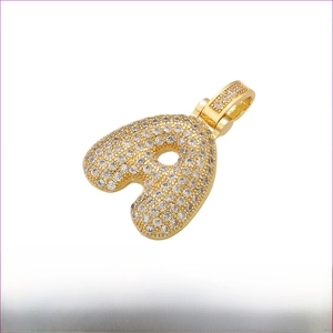Detailed view of capital letter A gold pendant with clear cubic zirconia pavé stones