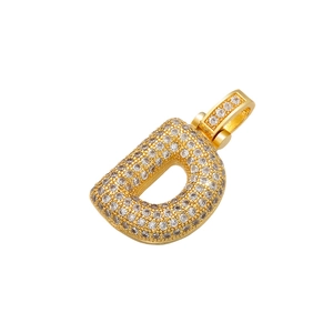 Macro shot of gold letter D pendant with iced-out pave zircons on white background