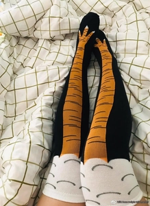 Close-up of funny chicken feet pattern on black over-the-knee cotton socks