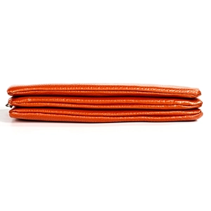 Detailed side view of orange lychee grain leather crossbody bag with triple layer structure