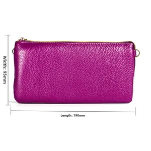 Detail view of purple lychee pattern leather pouch with 190mm length and 95mm width