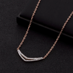 Minimalist V-shape necklace in rose gold stainless steel with sparkling white zircons