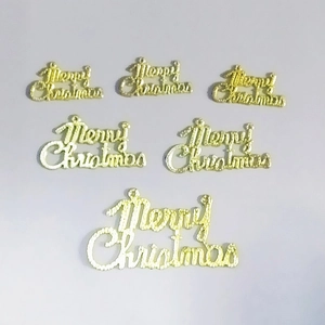 Set of six golden Merry Christmas letter plaques in three sizes for tree decoration