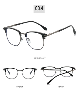 Detail view of half-frame blue light reading glasses with metallic temples from three angles