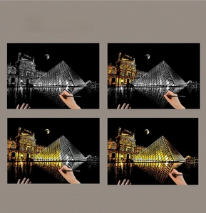 Step-by-step DIY scratching process of the Louvre pyramid night scene art kit