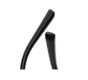 Macro shot of glossy black temple tips on sunglasses for ergonomic comfort and stability