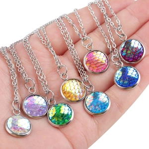 Mirror stainless steel necklace featuring colorful 12mm round fish scale ocean pendants