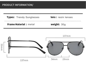 Detailed size chart for retro pilot sunglasses showing metal frame and resin lens dimensions