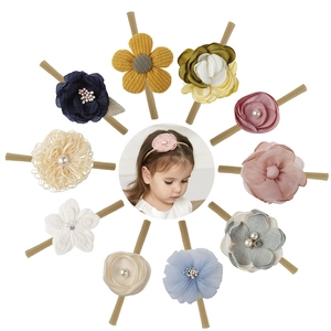 Baby Girl Floral Headbands Fabric Nylon Elastic Soft Artificial Pearl Rhinestone Mesh Hair Accessory For Toddlers Newborns Holiday Party