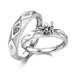 Copper Couple Rings Silver Plated Cubic Zirconia Adjustable Open Jewelry Engraved Her King His Queen Romantic Promise