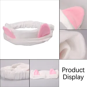 Plush cat ear headband for face washing, made of soft white and pink coral fleece fabric