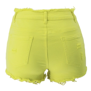 Rear view of neon yellow distressed denim shorts with frayed hems and back pockets