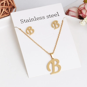 Polished stainless steel letter B necklace and earrings jewelry set in gold finish