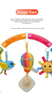 Macro detail of bird-themed baby stroller arch toy with colorful hanging plush rattle