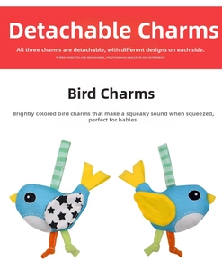 Detail of blue plush bird stroller toy with wings and squeaky sound feature