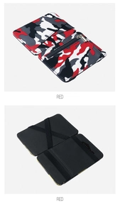 Detail view of red camouflage PU leather mini wallet with zipper and elastic card slots