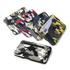 Detailed view of camo PU leather card holders with multiple slots and zip pocket
