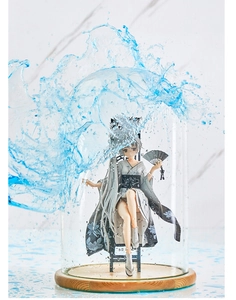 Detail view of transparent display glass dome with wood base for collectible figurines