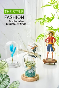 Clear glass display dome with bird handle and wooden base for collectibles