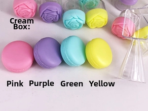 Macro view of macaron and rose shaped plastic cream jars in pink purple and yellow