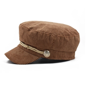 Retro dark brown corduroy baker boy hat with gold braided rope and vintage buttons