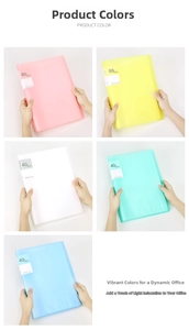 Detail of A4 PP document folder showing translucent pastel colors and inner pocket layers